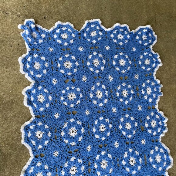 Handmade Blue and White Crochet Knit Nursery Baby Lap Blanket - Picture 2 of 3